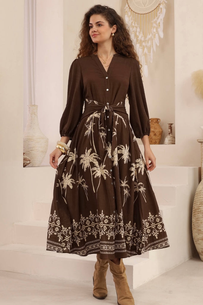 brown print dress Leopard Chiffon Maxi - Women's Dresses Layer a fitted longline blazer over the top when the temperature drops Gaia Floral Burnout Midi Dress